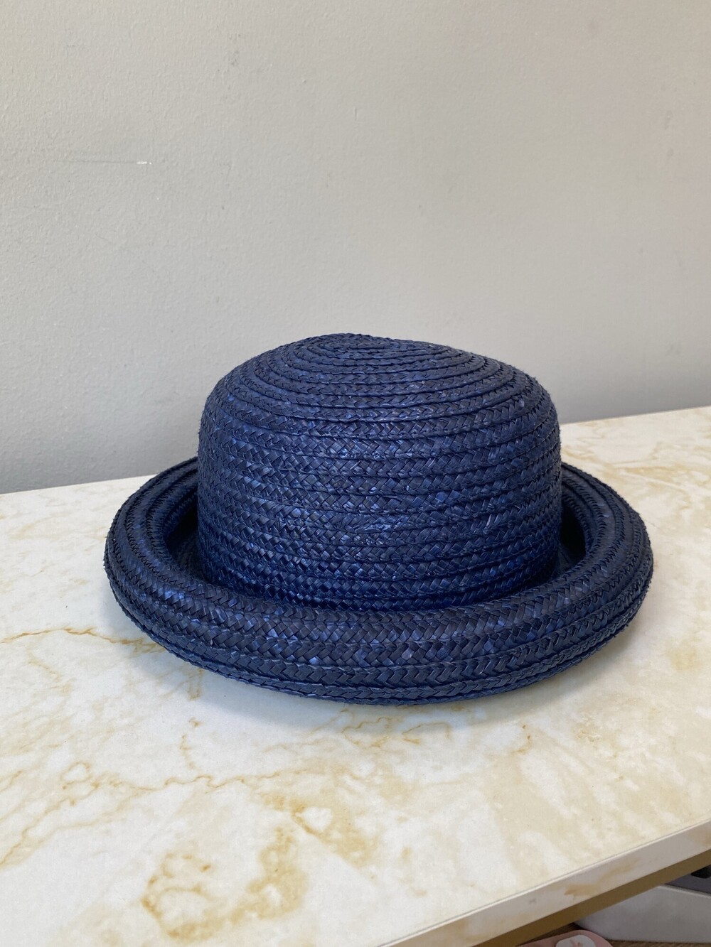 Vintage 80s 90s Navy Blue Woven Straw Boater Hat